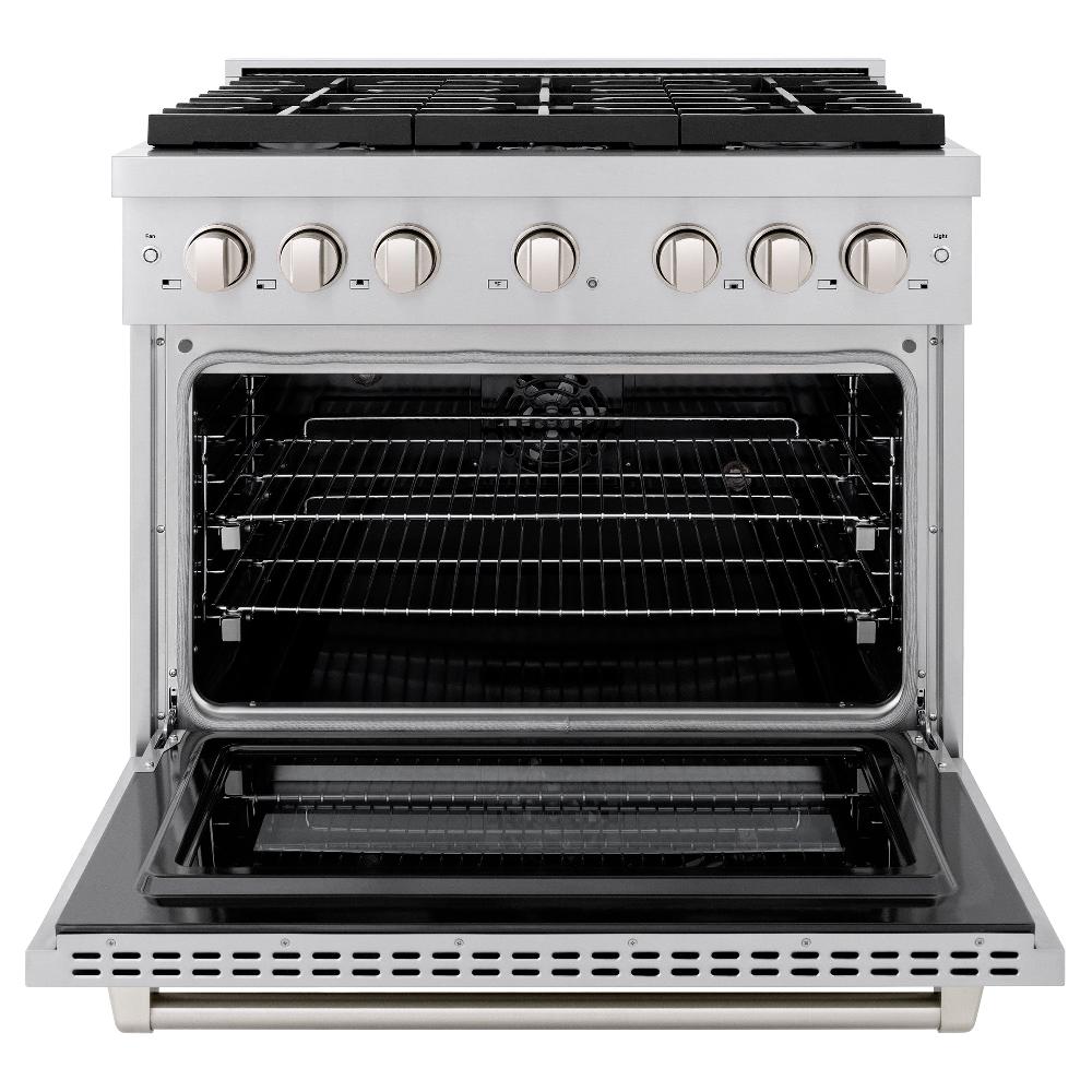 ZLINE 36 in. 5.2 cu. ft. Paramount Dual Fuel Range with 6 Burner Gas Cooktop and Electric Convection Oven in Stainless Steel (SDR36) front, oven open.