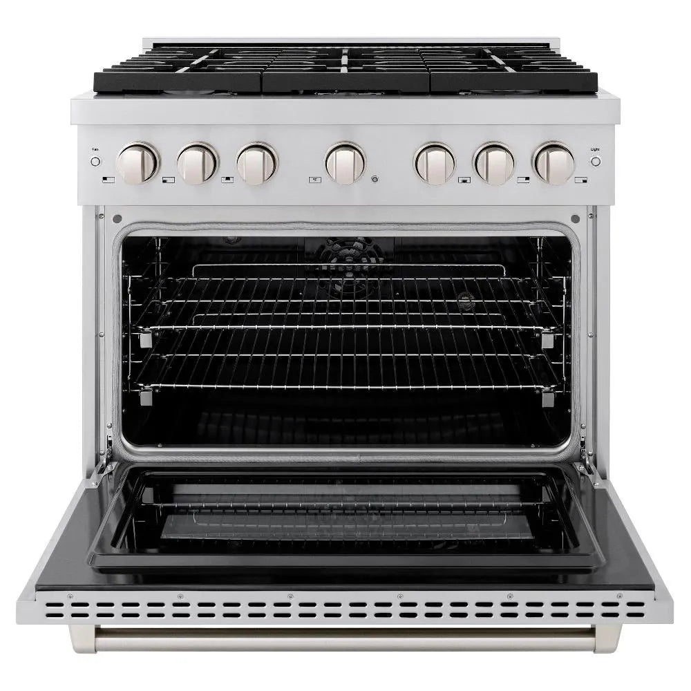 ZLINE 36 in. 5.2 cu. ft. Paramount Dual Fuel Range with 6 Burner Gas Cooktop and Electric Convection Oven in Stainless Steel (SDR36) front, open.