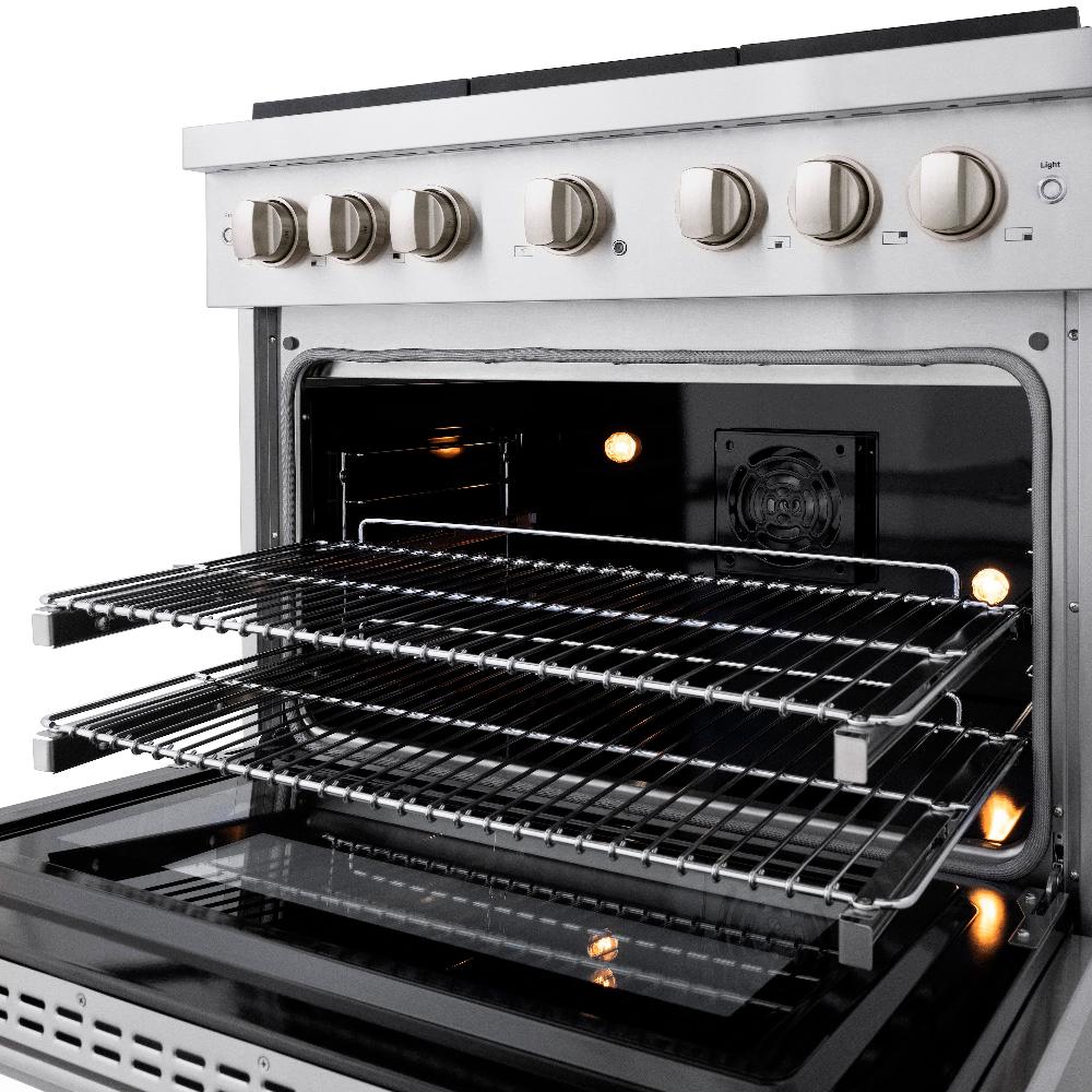 ZLINE 36 in. 5.2 cu. ft. Paramount Dual Fuel Range with 6 Burner Gas Cooktop and Electric Convection Oven in Stainless Steel (SDR36) front detail, oven open with racks extended and lights on.