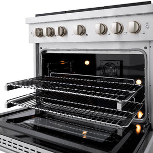 ZLINE 36 in. 5.2 cu. ft. Paramount Dual Fuel Range with 6 Burner Gas Cooktop and Electric Convection Oven in Stainless Steel (SDR36) front detail, oven open with racks extended and lights on.