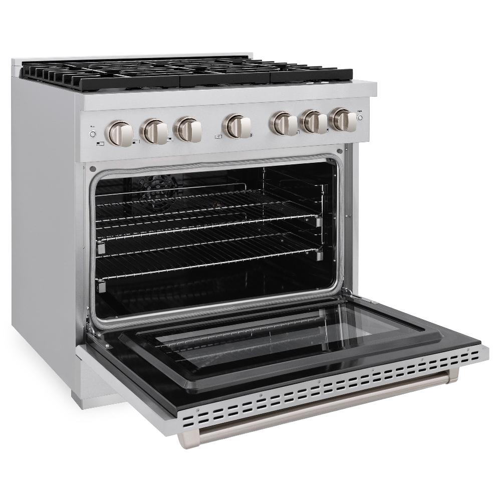 ZLINE 36 in. 5.2 cu. ft. Paramount Dual Fuel Range with 6 Burner Gas Cooktop and Electric Convection Oven in Stainless Steel (SDR36) side, oven open.