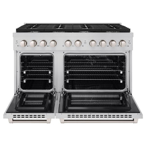 ZLINE 48 in. 6.7 cu. ft. Paramount Double Oven Dual Fuel Range with 8 Burner Gas Cooktop in Stainless Steel (SDR48) front, oven open.