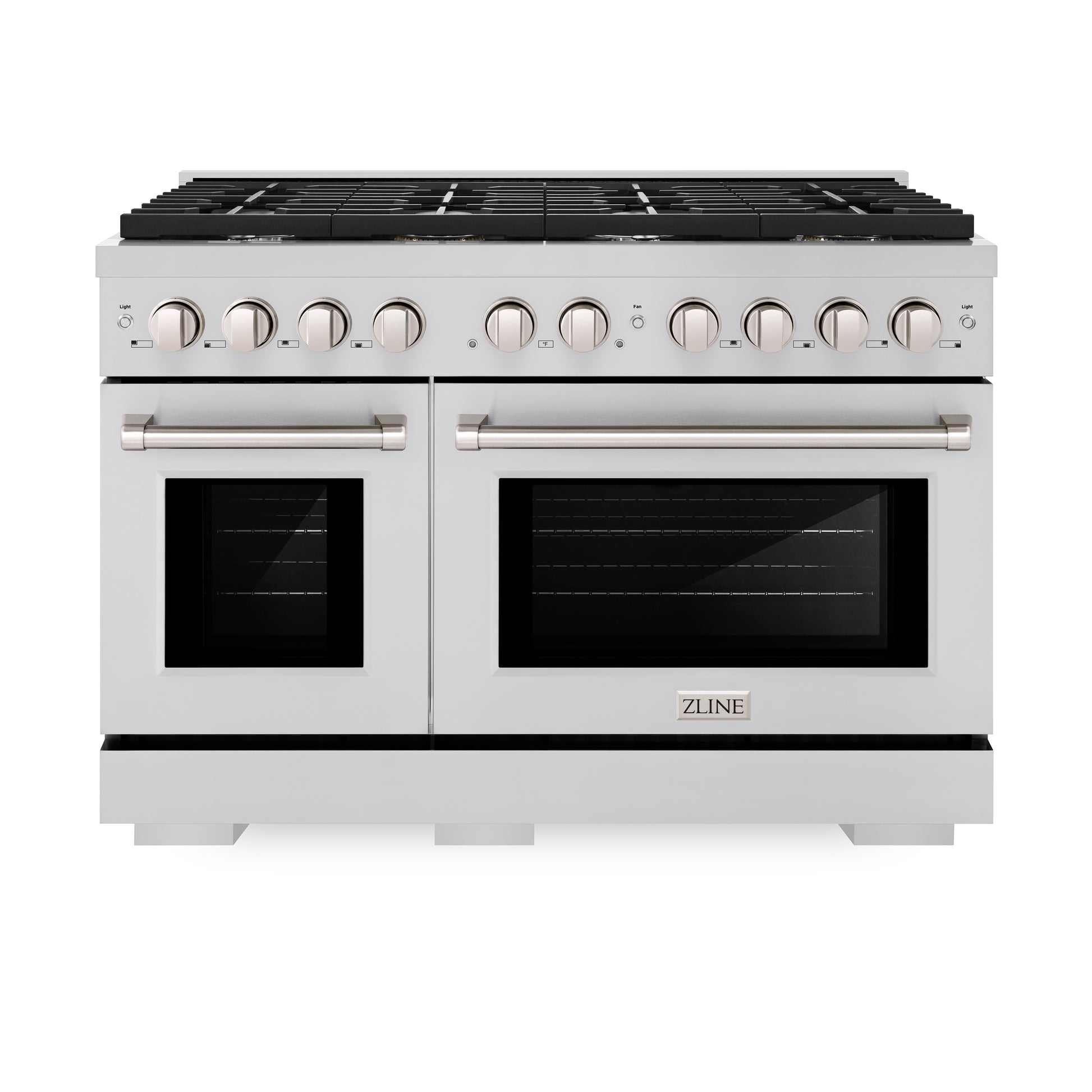 ZLINE 48 in. 6.7 cu. ft. Paramount Double Oven Dual Fuel Range with 8 Burner Gas Cooktop in Stainless Steel (SDR48) front, oven closed.