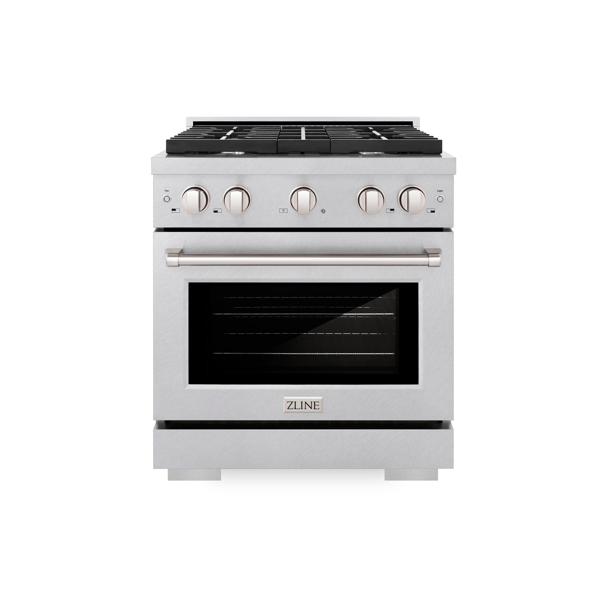 ZLINE 30 in. 4.2 cu. ft. Paramount Dual Fuel Range with 4 Burner Gas Cooktop and Electric Convection Oven in DuraSnow® Stainless Steel (SDRS-30) front.