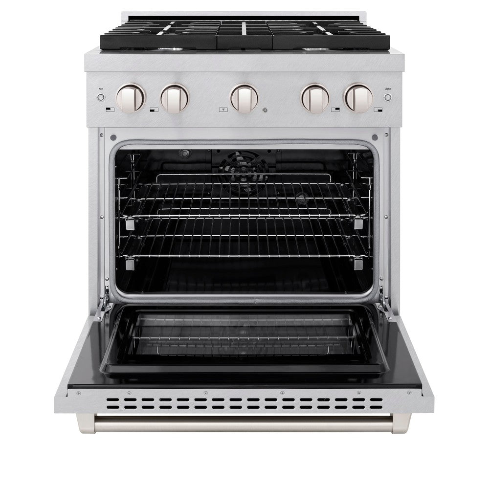 ZLINE 30 in. 4.2 cu. ft. Paramount Dual Fuel Range with 4 Burner Gas Cooktop and Electric Convection Oven in DuraSnow® Stainless Steel (SDRS-30) front, oven open.