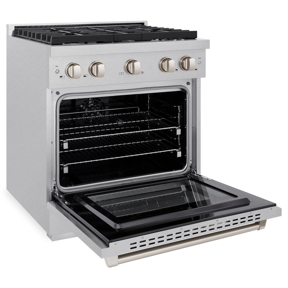 ZLINE 30 in. 4.2 cu. ft. Paramount Dual Fuel Range with 4 Burner Gas Cooktop and Electric Convection Oven in DuraSnow® Stainless Steel (SDRS-30) side, oven open.