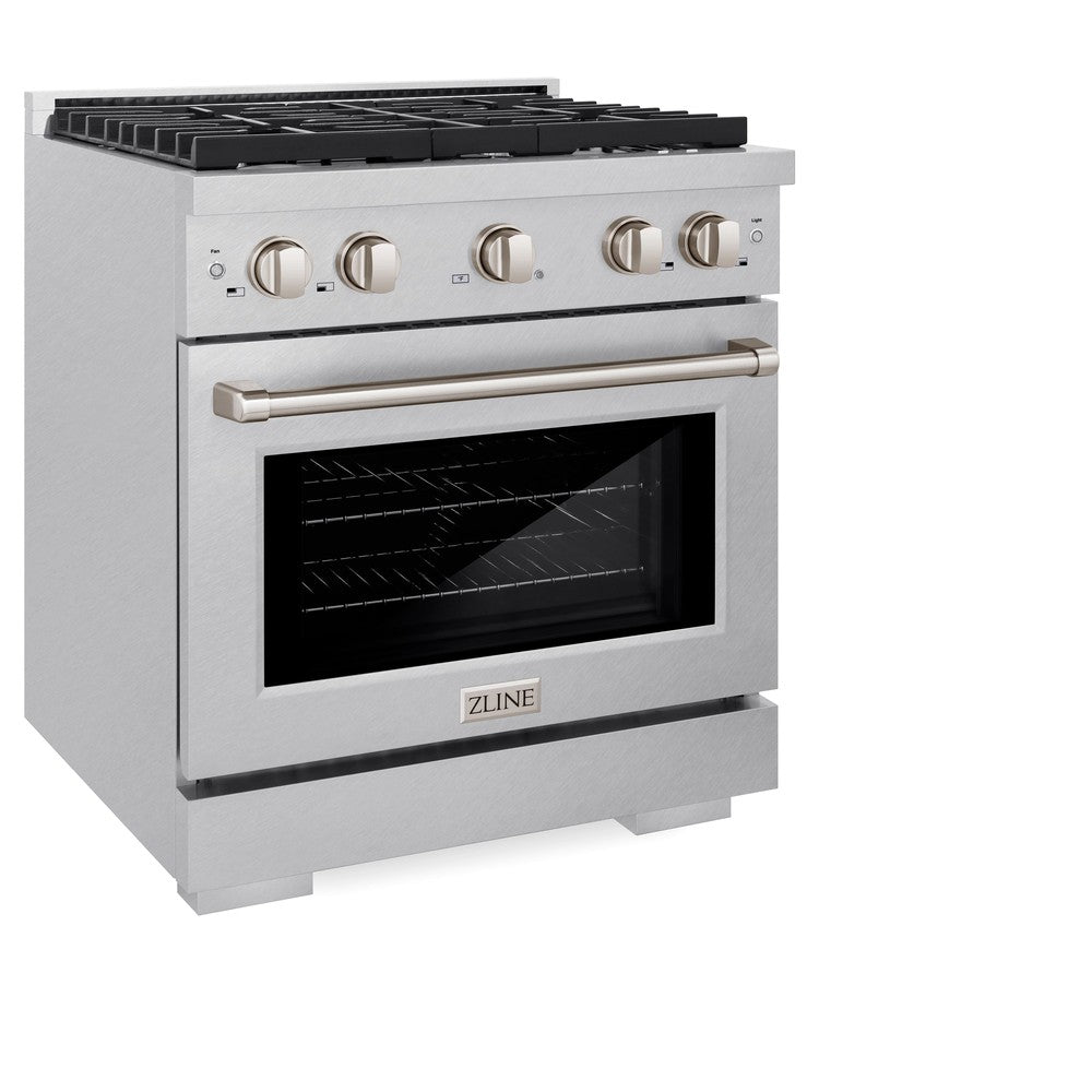 ZLINE 30 in. 4.2 cu. ft. Paramount Dual Fuel Range with 4 Burner Gas Cooktop and Electric Convection Oven in DuraSnow® Stainless Steel (SDRS-30) side, oven closed.