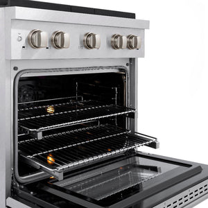 ZLINE 30 in. 4.2 cu. ft. Paramount Dual Fuel Range with 4 Burner Gas Cooktop and Electric Convection Oven in DuraSnow® Stainless Steel (SDRS-30) close-up detail, oven open with racks extended.