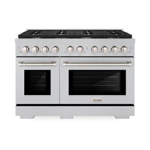 ZLINE 48 in. 6.7 cu. ft. Paramount Double Oven Dual Fuel Range with 8 Burner Gas Cooktop in DuraSnow® Stainless Steel (SDRS-48) front.