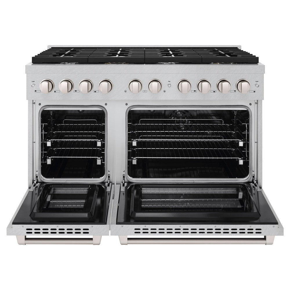 ZLINE 48 in. 6.7 cu. ft. Paramount Double Oven Dual Fuel Range with 8 Burner Gas Cooktop in DuraSnow® Stainless Steel (SDRS-48) front, oven open.