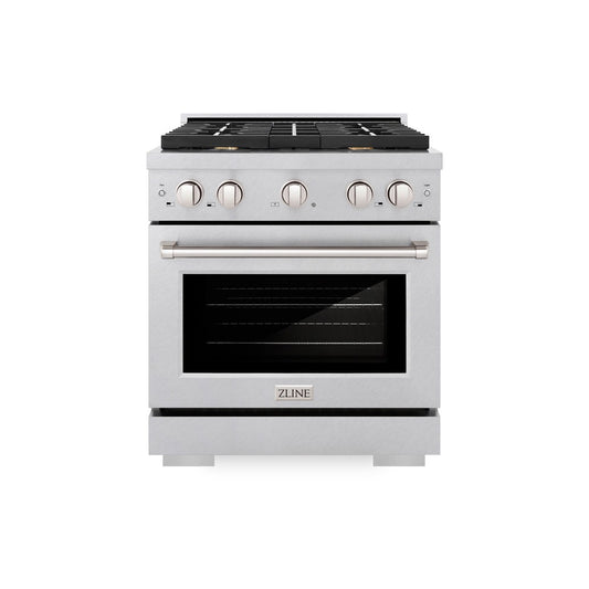 ZLINE 30 in. 4.2 cu. ft. Paramount Dual Fuel Range with Gas Cooktop and Electric Convection Oven in DuraSnow® Stainless Steel with 4 Brass Burners (SDRS-BR-30) front, oven closed.