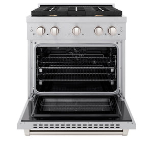 ZLINE 30 in. 4.2 cu. ft. Paramount Dual Fuel Range with Gas Cooktop and Electric Convection Oven in DuraSnow® Stainless Steel with 4 Brass Burners (SDRS-BR-30) front, oven open.