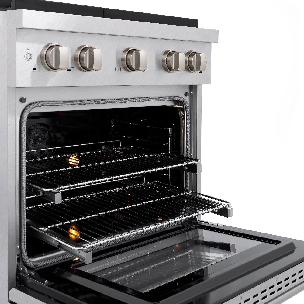 ZLINE 30 in. 4.2 cu. ft. Paramount Dual Fuel Range with Gas Cooktop and Electric Convection Oven in DuraSnow® Stainless Steel with 4 Brass Burners (SDRS-BR-30) close-up detail, oven open with racks extended.