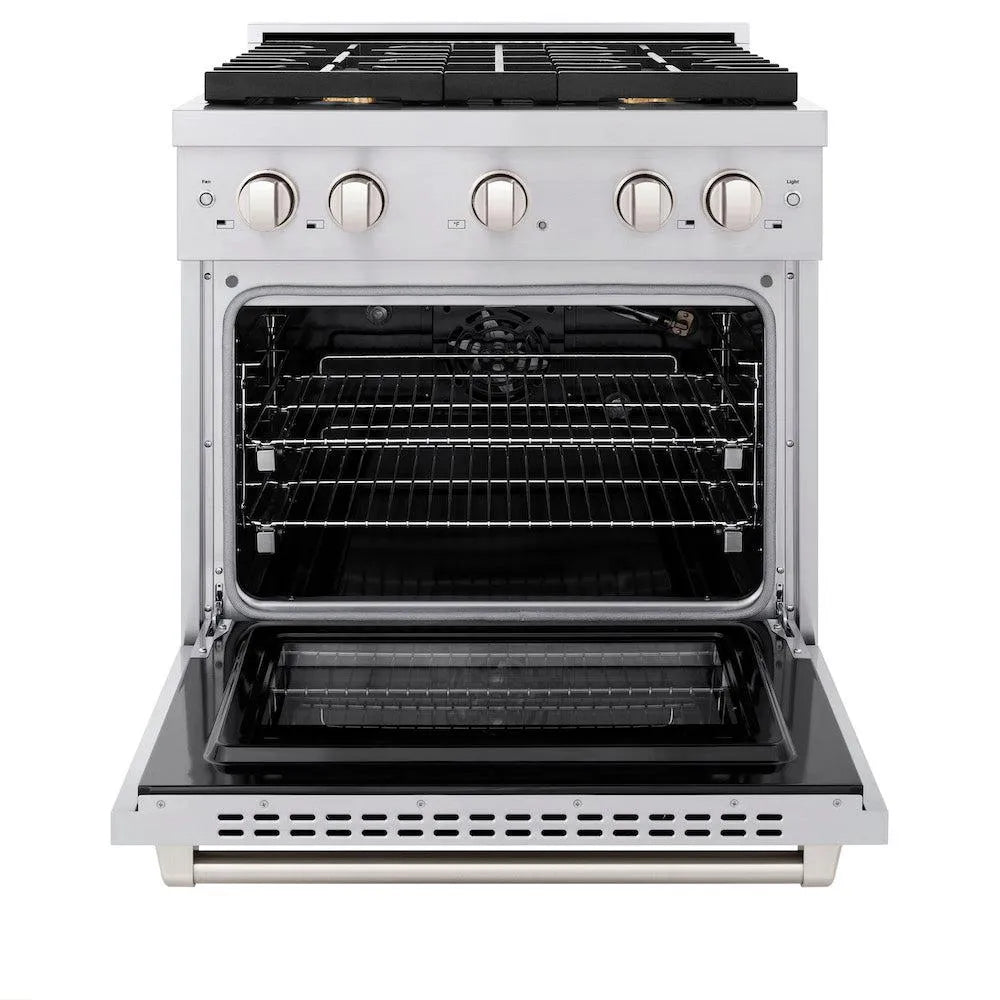 ZLINE 30 in. 4.2 cu. ft. Paramount Gas Range with Convection Gas Oven in Stainless Steel with 4 Brass Burners (SGR-BR-30) front, open.