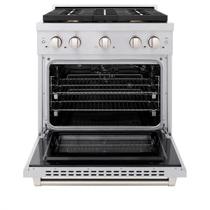 ZLINE 30 in. 4.2 cu. ft. Paramount Gas Range with Convection Gas Oven in Stainless Steel with 4 Brass Burners (SGR-BR-30) front, open.