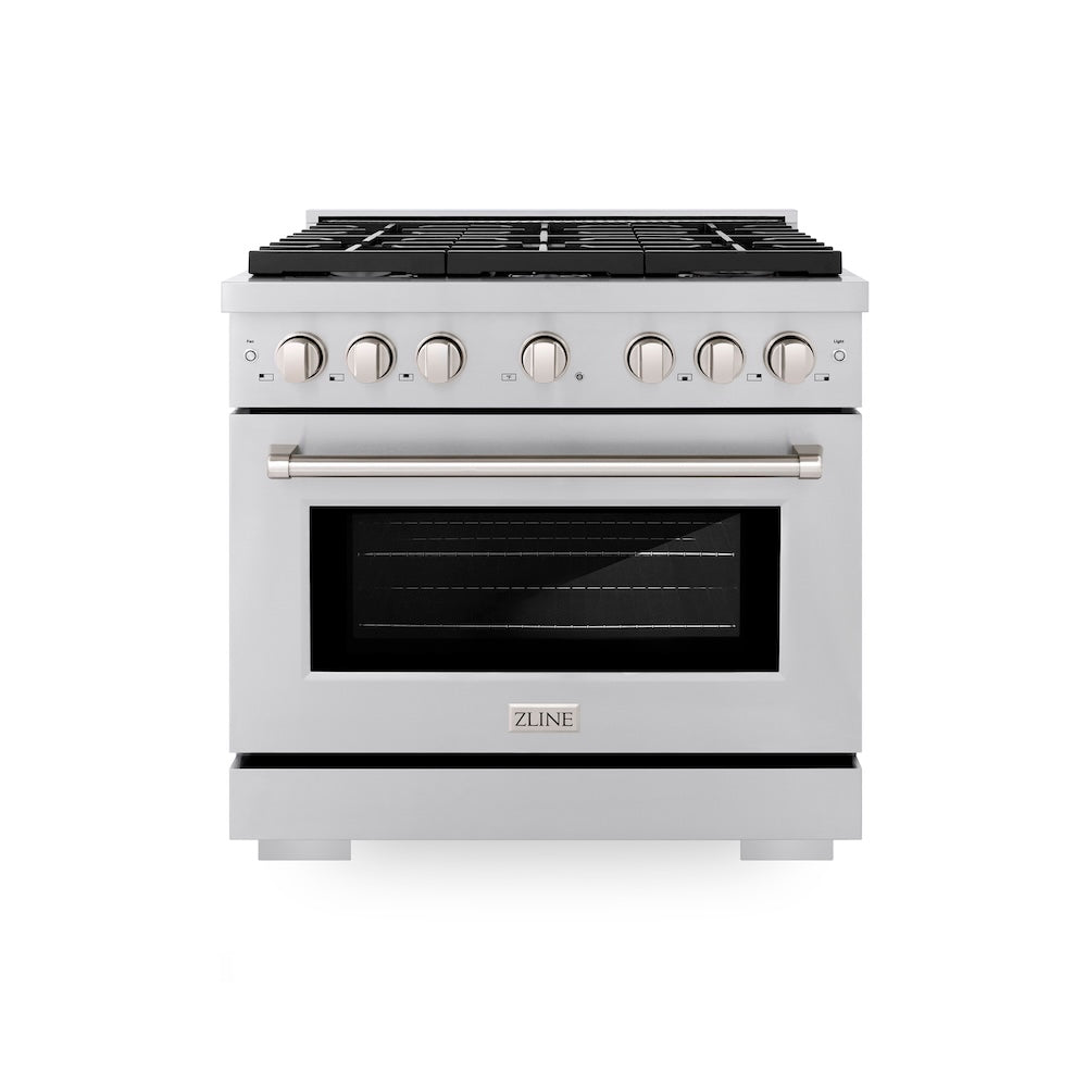 ZLINE 36 in. 5.2 cu. ft. Paramount Gas Range with Convection Gas Oven in Stainless Steel with 6 Brass Burners (SGR-BR-36) front.