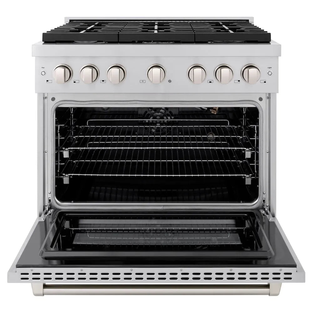ZLINE 36 in. 5.2 cu. ft. Paramount Gas Range with Convection Gas Oven in Stainless Steel with 6 Brass Burners (SGR-BR-36) front, oven open.