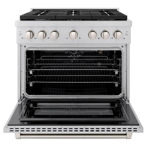 ZLINE 36 in. 5.2 cu. ft. Paramount Gas Range with Convection Gas Oven in Stainless Steel with 6 Brass Burners (SGR-BR-36) front, oven open.