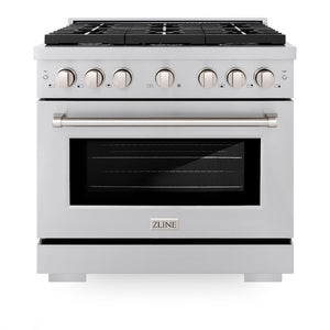 ZLINE 36 in. 5.2 cu. ft. Paramount Gas Range with Convection Gas Oven in Stainless Steel with 6 Brass Burners (SGR-BR-36) front, oven closed.