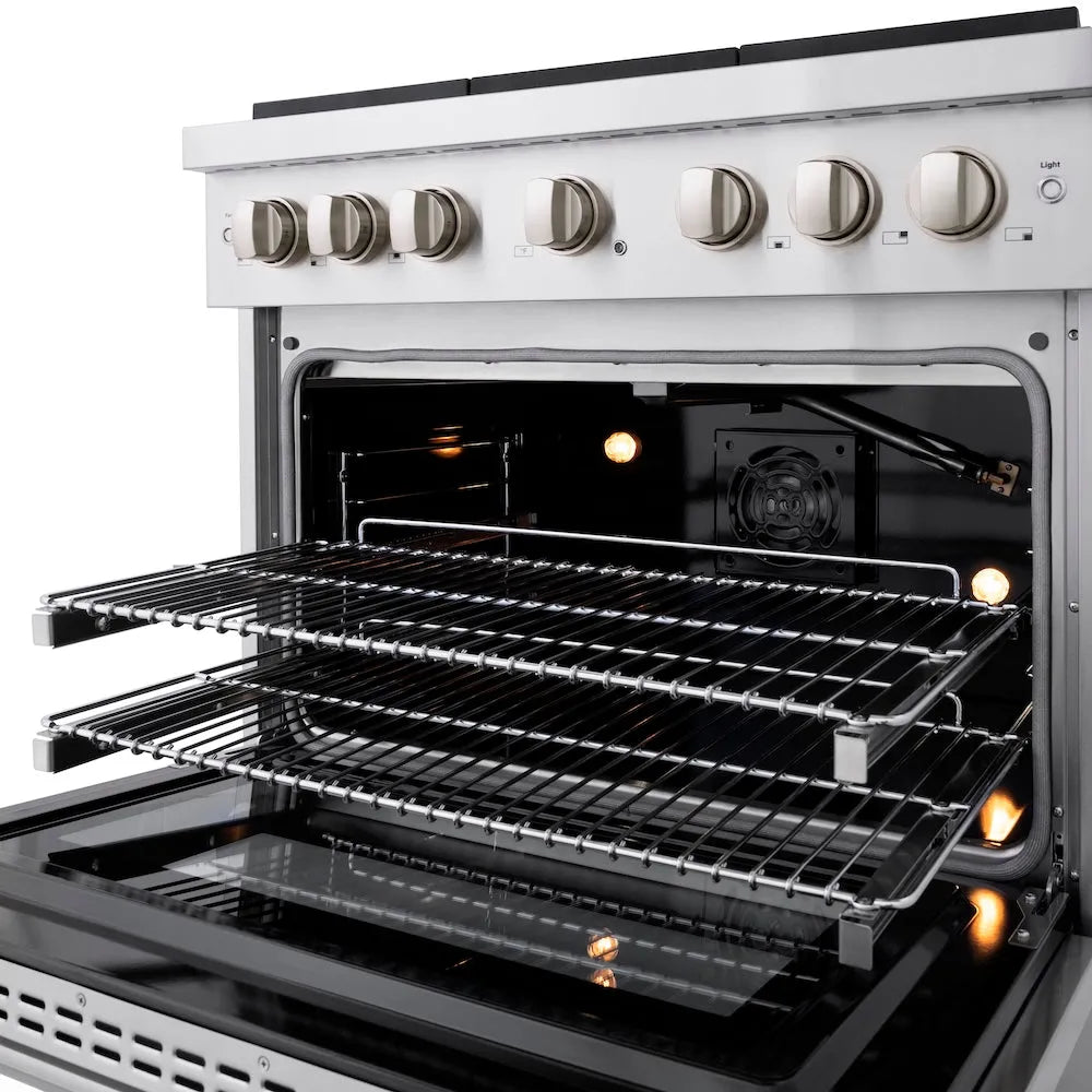 ZLINE 36 in. 5.2 cu. ft. Paramount Gas Range with Convection Gas Oven in Stainless Steel with 6 Brass Burners (SGR-BR-36) with open door showing interior racks and heating elements.