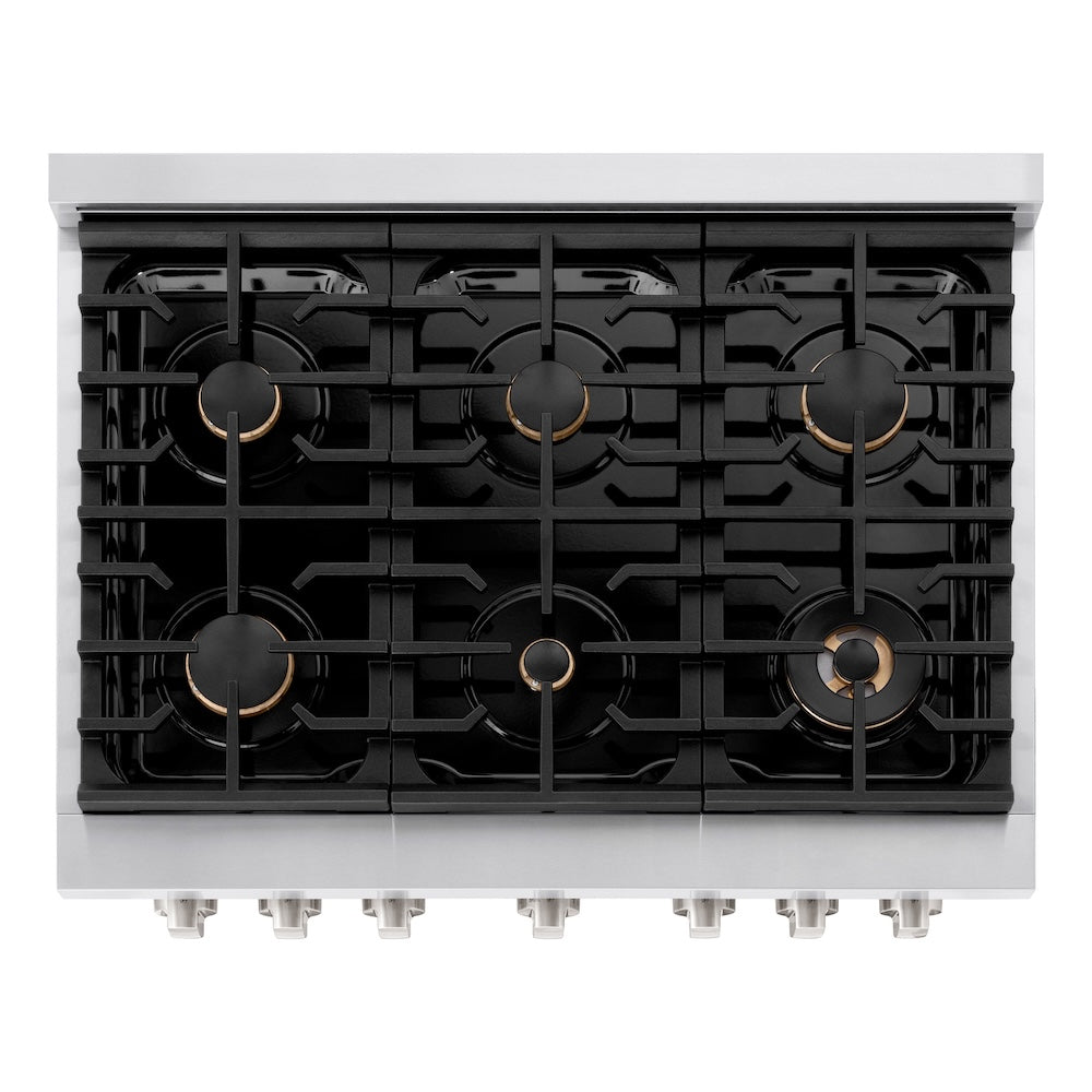 ZLINE 36 in. 5.2 cu. ft. Paramount Gas Range with Convection Gas Oven in Stainless Steel with 6 Brass Burners (SGR-BR-36) top-down, above cooktop.
