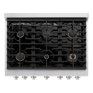 ZLINE 36 in. 5.2 cu. ft. Paramount Gas Range with Convection Gas Oven in Stainless Steel with 6 Brass Burners (SGR-BR-36) top-down, above cooktop.
