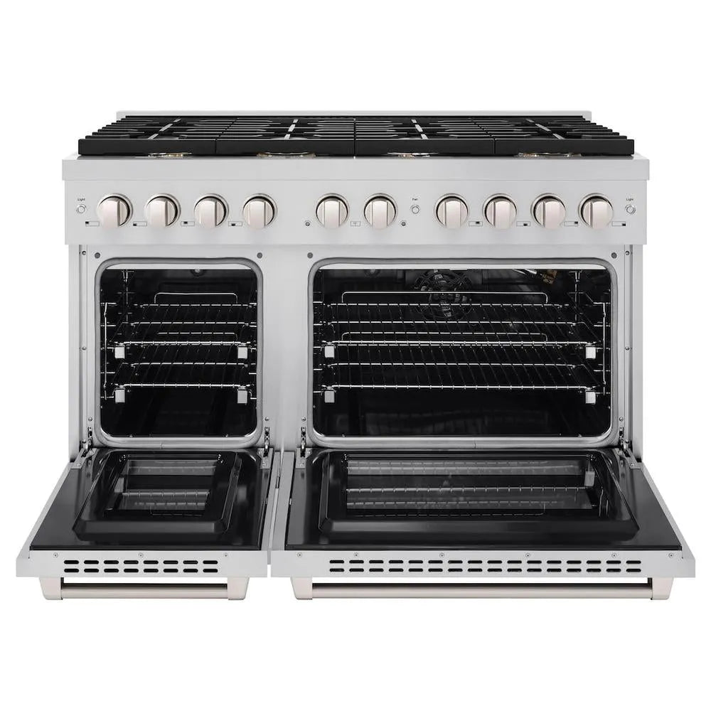 ZLINE 48 in. 6.7 cu. ft. Paramount Double Oven Gas Range in Stainless Steel with 8 Brass Burners (SGR-BR-48) front, open.