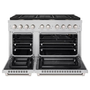 ZLINE 48 in. 6.7 cu. ft. Paramount Double Oven Gas Range in Stainless Steel with 8 Brass Burners (SGR-BR-48) front, open.