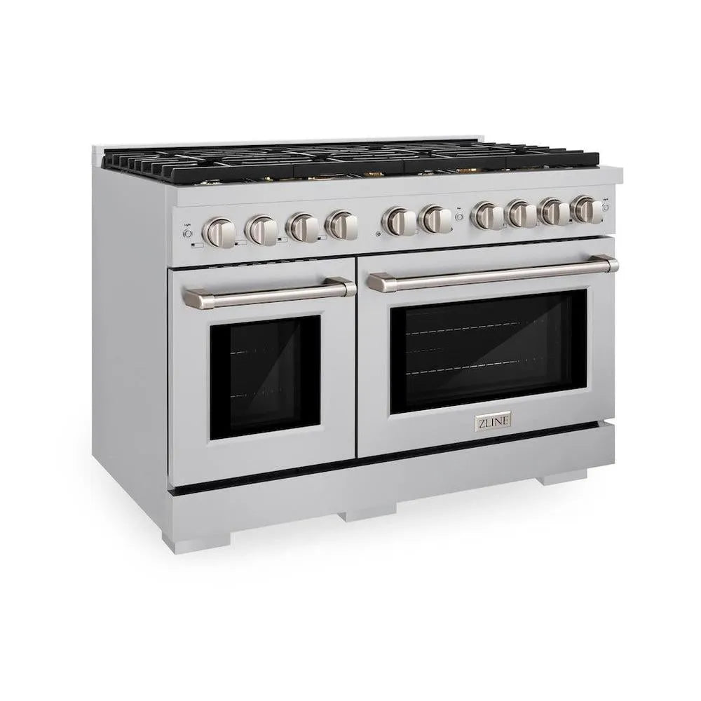 ZLINE 48 in. 6.7 cu. ft. Paramount Double Oven Gas Range in Stainless Steel with 8 Brass Burners (SGR-BR-48) main image.