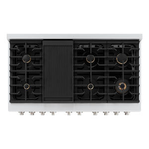 ZLINE 48 In. Freestanding Gas Range in Stainless Steel with Brass Burners (SGR-BR-48) from above, showing gas burners, black porcelain cooktop, and cast-iron grates.