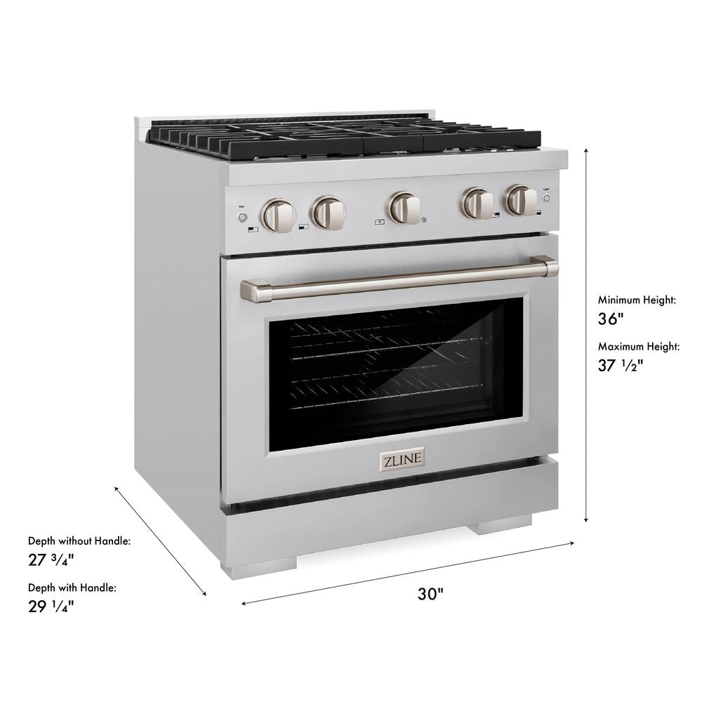 ZLINE 30 in. 4.2 cu. ft. Paramount Gas Range with 4 Burner Cooktop and Convection Gas Oven in Stainless Steel (SGR30) dimensional diagram.