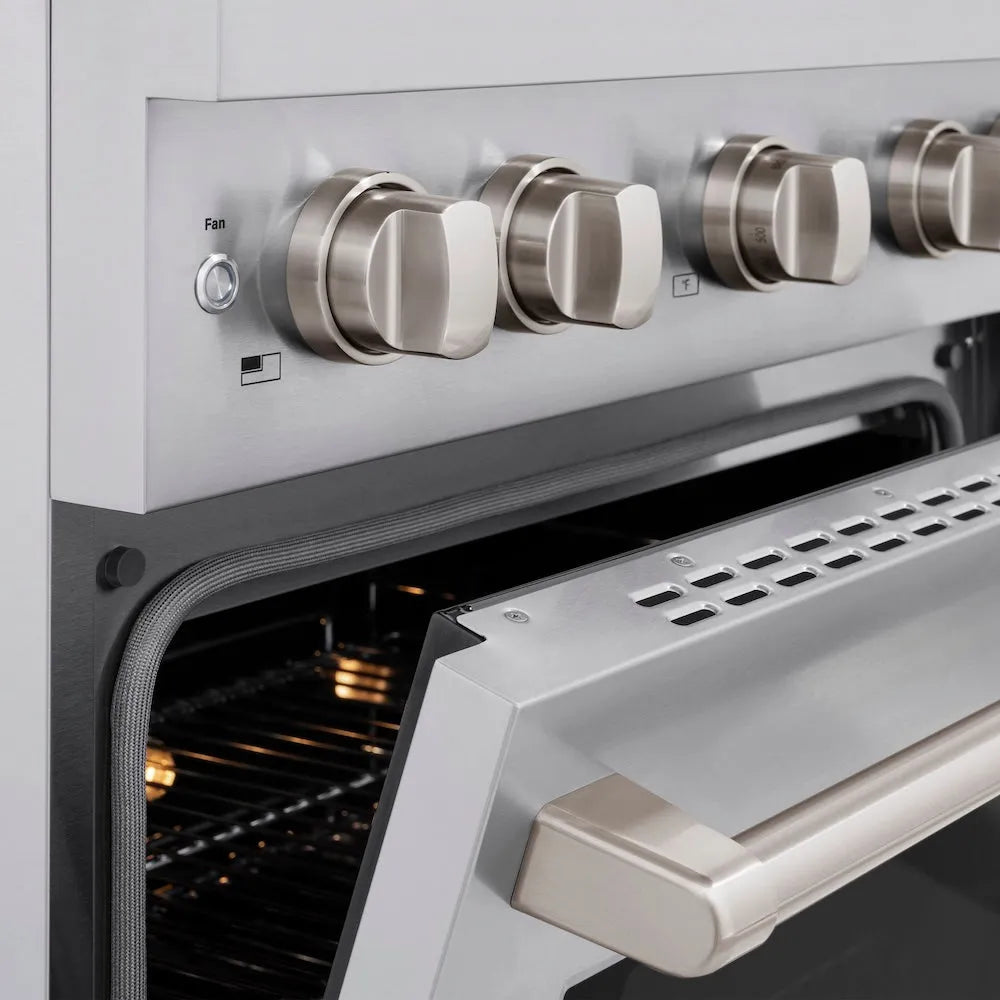 ZLINE 30 in. 4.2 cu. ft. Paramount Gas Range with 4 Burner Cooktop and Convection Gas Oven in Stainless Steel (SGR30) close-up, oven door open.