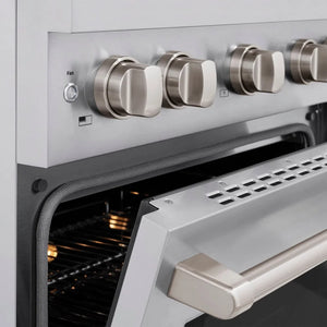 ZLINE 30 in. 4.2 cu. ft. Paramount Gas Range with 4 Burner Cooktop and Convection Gas Oven in Stainless Steel (SGR30) close-up, oven door open.
