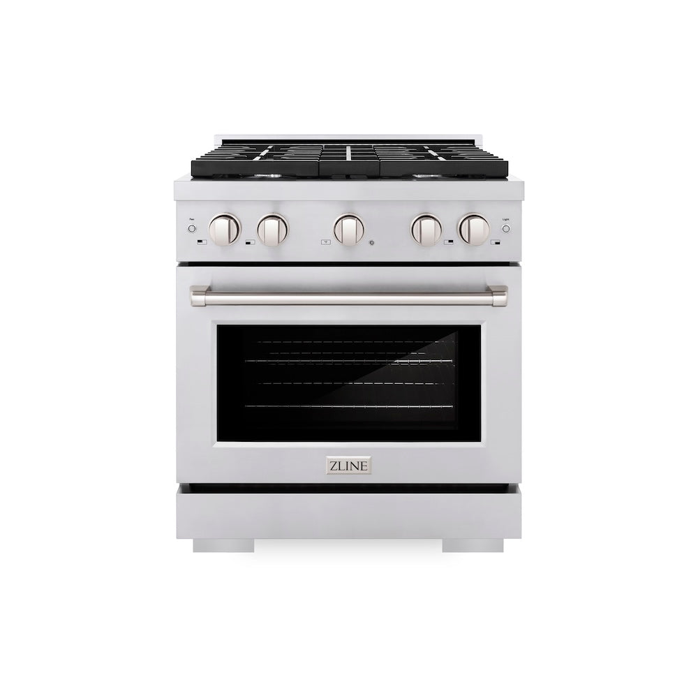 ZLINE 30 in. 4.2 cu. ft. Paramount Gas Range with 4 Burner Cooktop and Convection Gas Oven in Stainless Steel (SGR30) front.