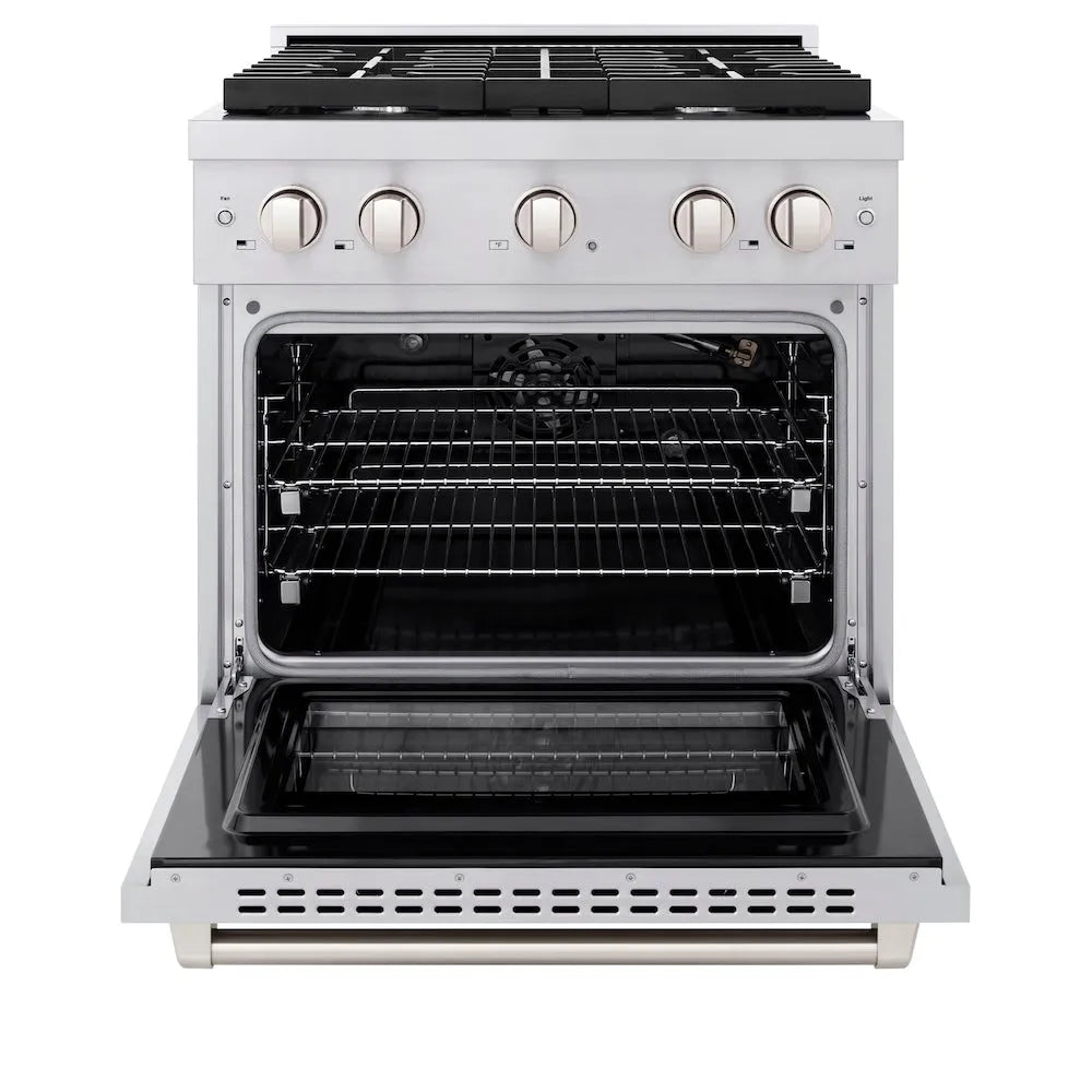 ZLINE 30 in. 4.2 cu. ft. Paramount Gas Range with 4 Burner Cooktop and Convection Gas Oven in Stainless Steel (SGR30) front, oven open.