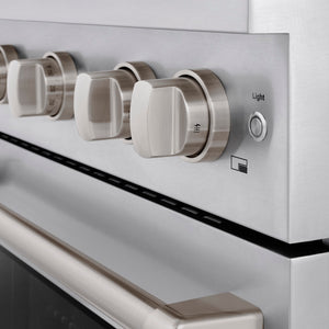 ZLINE 30 in. 4.2 cu. ft. Paramount Gas Range with 4 Burner Cooktop and Convection Gas Oven in Stainless Steel (SGR30) close-up of cooktop and oven knobs.