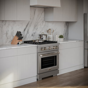 ZLINE 30 in. 4.2 cu. ft. Paramount Gas Range with 4 Burner Cooktop and Convection Gas Oven in Stainless Steel (SGR30) in a luxury kitchen.