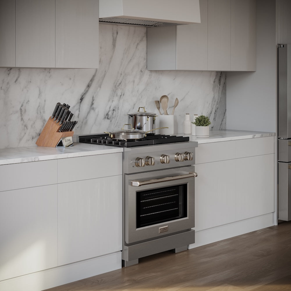 Modern kitchen with ZLINE 30 in. 4.2 cu. ft. Paramount Gas Range with 4 Burner Cooktop and Convection Gas Oven in Stainless Steel (SGR30) and marble backsplash