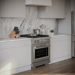 Modern kitchen with ZLINE 30 in. 4.2 cu. ft. Paramount Gas Range with 4 Burner Cooktop and Convection Gas Oven in Stainless Steel (SGR30) and marble backsplash