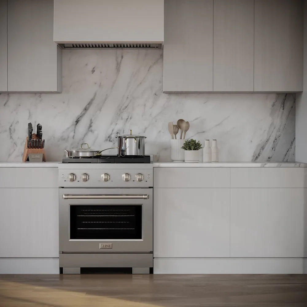 Modern kitchen with ZLINE 30 in. 4.2 cu. ft. Paramount Gas Range with 4 Burner Cooktop and Convection Gas Oven in Stainless Steel (SGR30) and marble backsplash