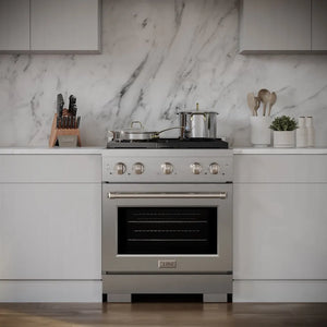 ZLINE 30 in. 4.2 cu. ft. Paramount Gas Range with 4 Burner Cooktop and Convection Gas Oven in Stainless Steel (SGR30) in a modern kitchen with marble backsplash