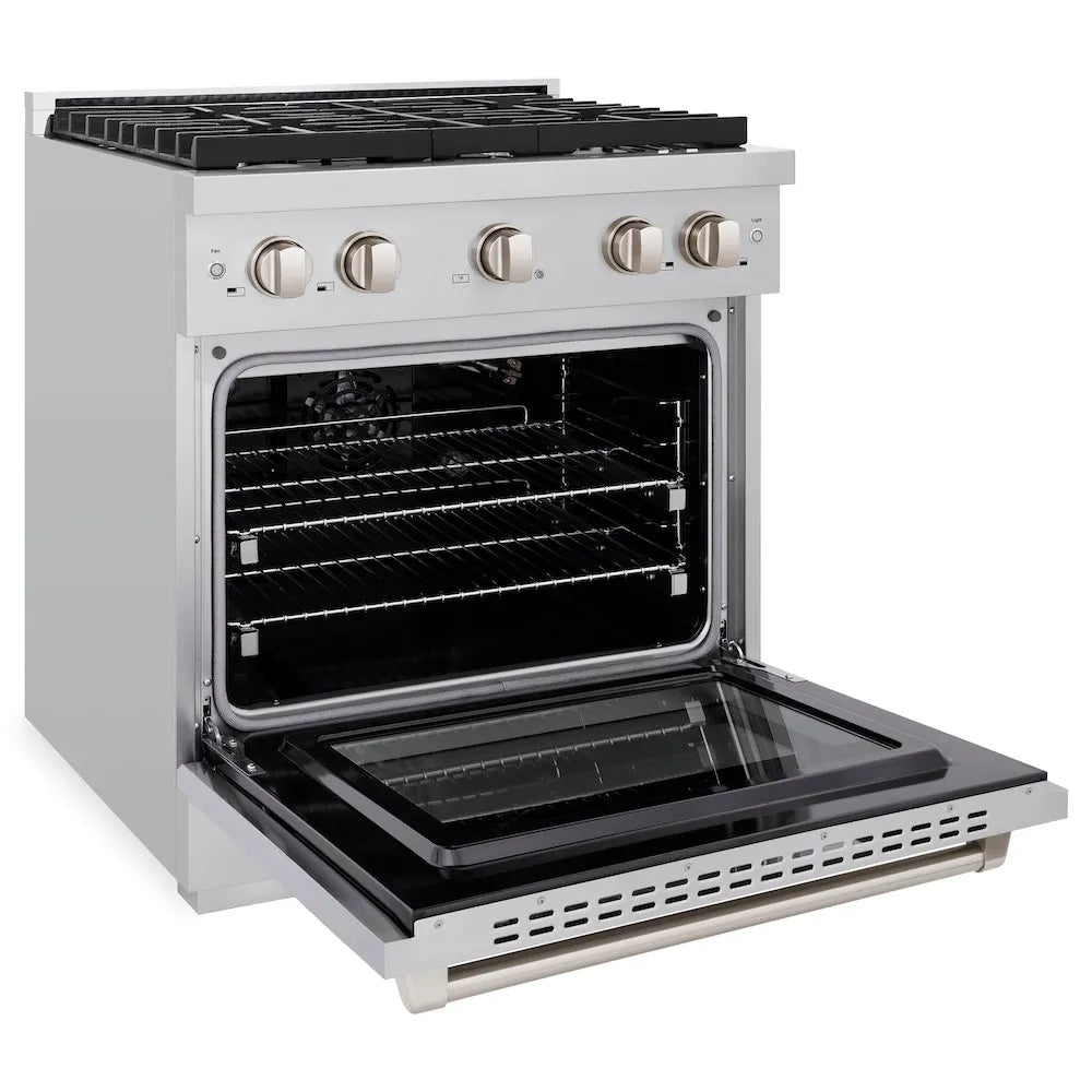 ZLINE 30 in. 4.2 cu. ft. Paramount Gas Range with 4 Burner Cooktop and Convection Gas Oven in Stainless Steel (SGR30) side, open.