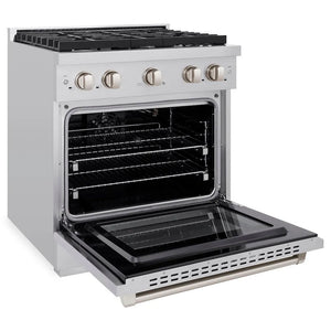 ZLINE 30 in. 4.2 cu. ft. Paramount Gas Range with 4 Burner Cooktop and Convection Gas Oven in Stainless Steel (SGR30) side, open.