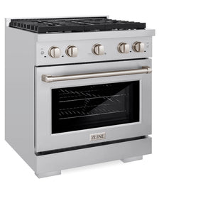 ZLINE 30 in. 4.2 cu. ft. Paramount Gas Range with 4 Burner Cooktop and Convection Gas Oven in Stainless Steel (SGR30) side.