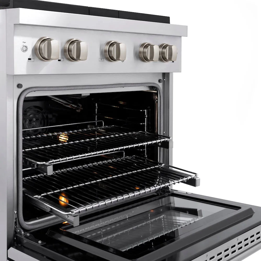 ZLINE 30 in. 4.2 cu. ft. Paramount Gas Range with 4 Burner Cooktop and Convection Gas Oven in Stainless Steel (SGR30) with open door showing interior racks and heating elements.