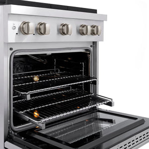 ZLINE 30 in. 4.2 cu. ft. Paramount Gas Range with 4 Burner Cooktop and Convection Gas Oven in Stainless Steel (SGR30) with open door showing interior racks and heating elements.