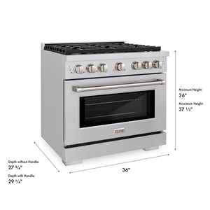 ZLINE 36 in. 5.2 cu. ft. Paramount Gas Range with 6 Burner Cooktop and Convection Gas Oven in Stainless Steel (SGR36) dimensional diagram.