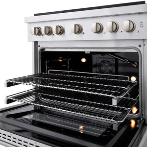 ZLINE 36 in. 5.2 cu. ft. Paramount Gas Range with 6 Burner Cooktop and Convection Gas Oven in Stainless Steel (SGR36) oven open racks extended.