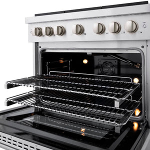 ZLINE 36 in. 5.2 cu. ft. Paramount Gas Range with 6 Burner Cooktop and Convection Gas Oven in Stainless Steel (SGR36) with open door showing interior racks and heating elements.