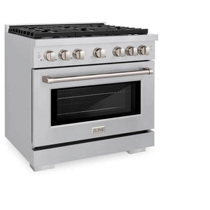 ZLINE 36 in. 5.2 cu. ft. Paramount Gas Range with 6 Burner Cooktop and Convection Gas Oven in Stainless Steel (SGR36) side.